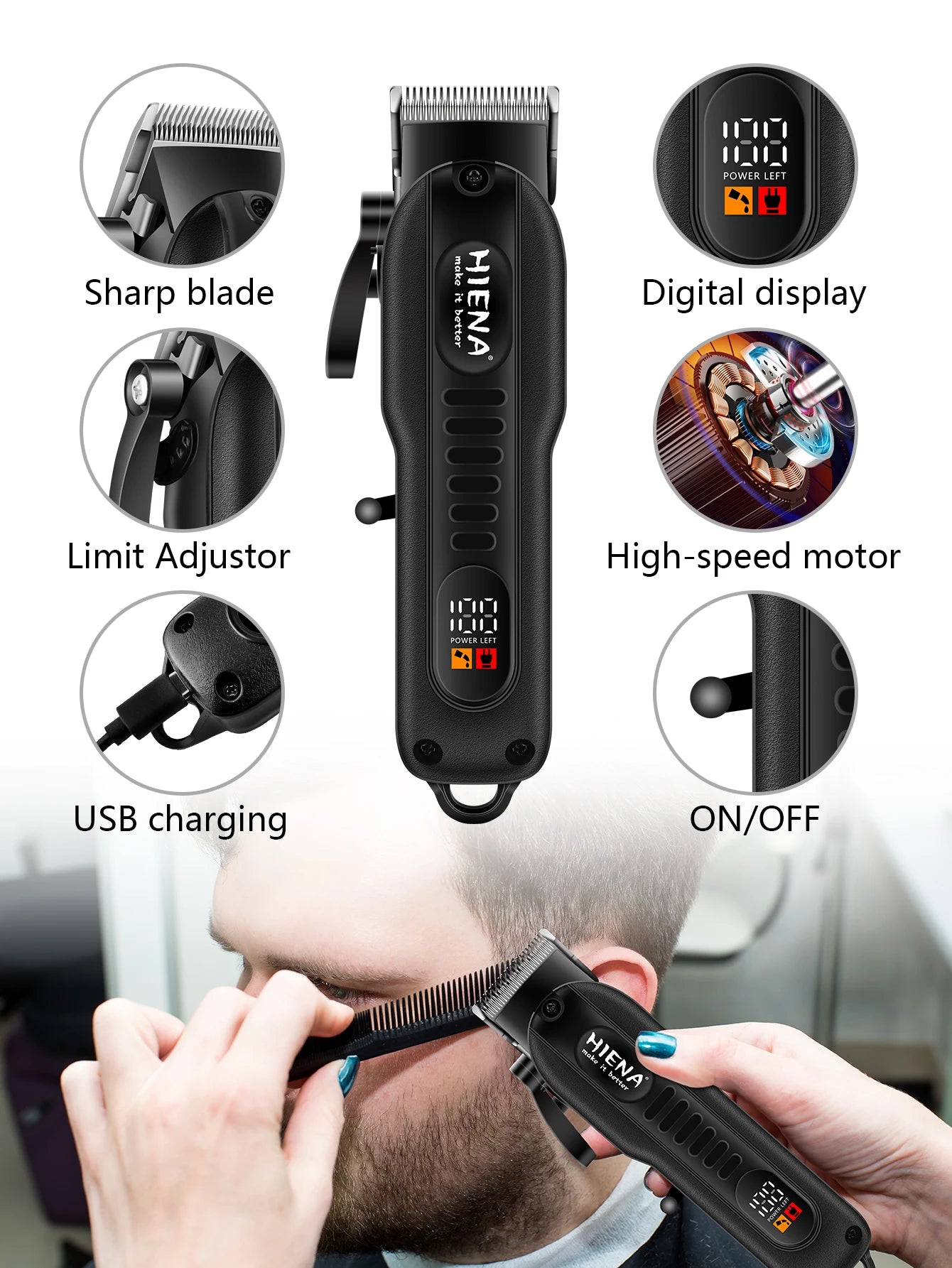 HIENA Professional LED Display Barber Clipper
