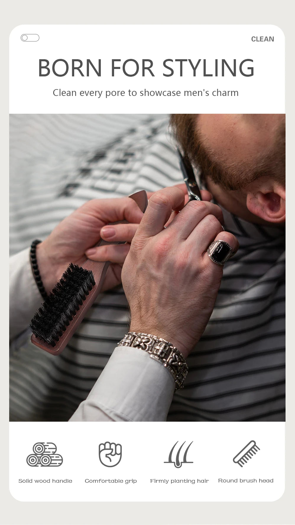 BARBERTOP Men's Boar Bristle Beard Brush — Wood Handle