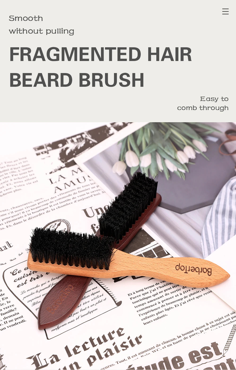 BARBERTOP Men's Boar Bristle Beard Brush — Wood Handle