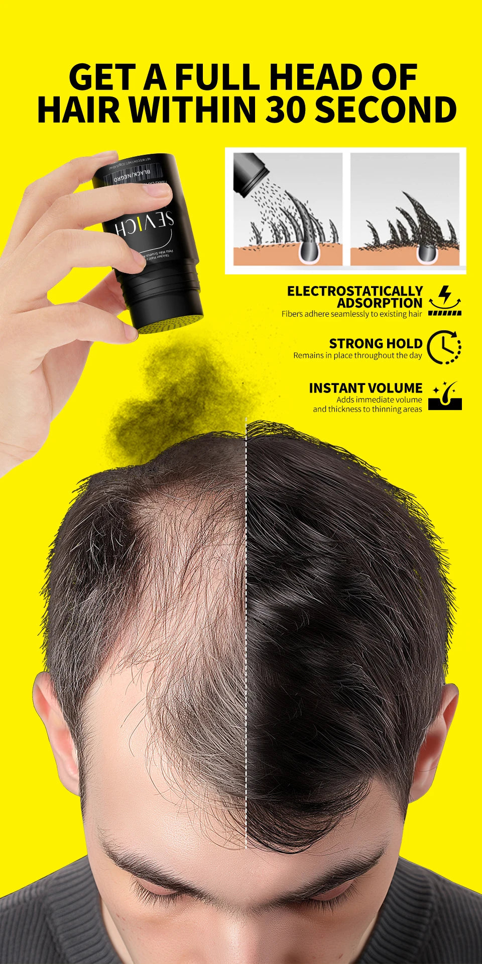Hair Fiber & Regrowth Powder — Keratin Density Builder, Multiple Shades