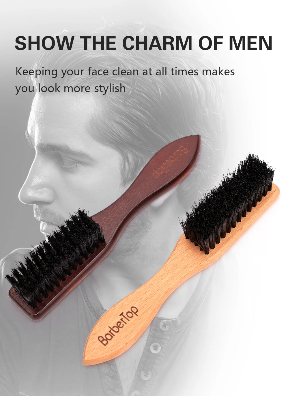 BARBERTOP Men's Boar Bristle Beard Brush — Wood Handle